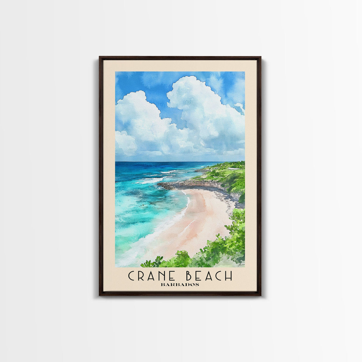 Crane Beach, Barbados Watercolor Beach Print, Vacation Gift, Barbados Wall Art, Framed Canvas Print, Framed Beach Painting