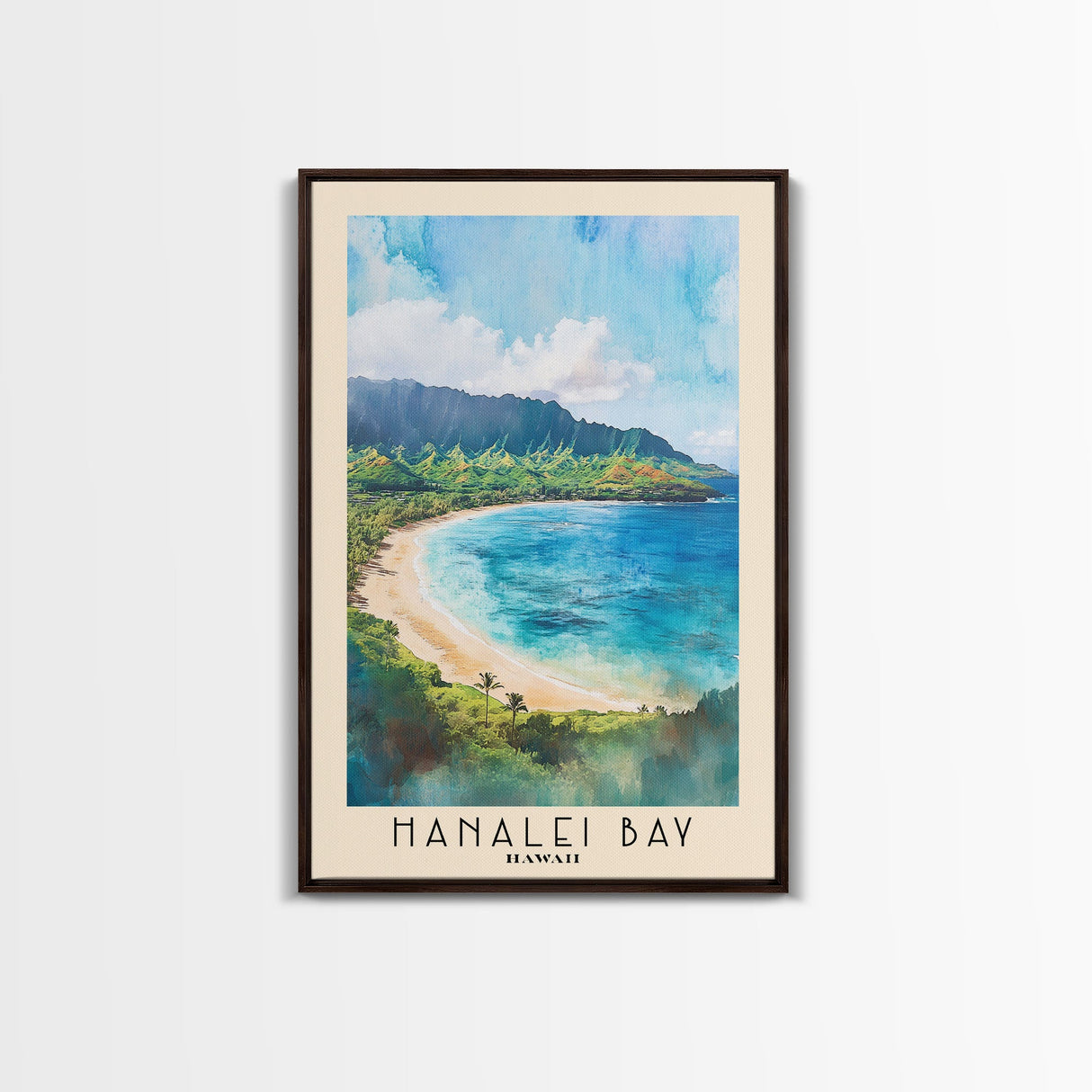 Hanalei Bay, Hawaii Watercolor Beach Print, Vacation Gift, Hawaii Wall Art, Framed Canvas Print, Framed Beach Painting