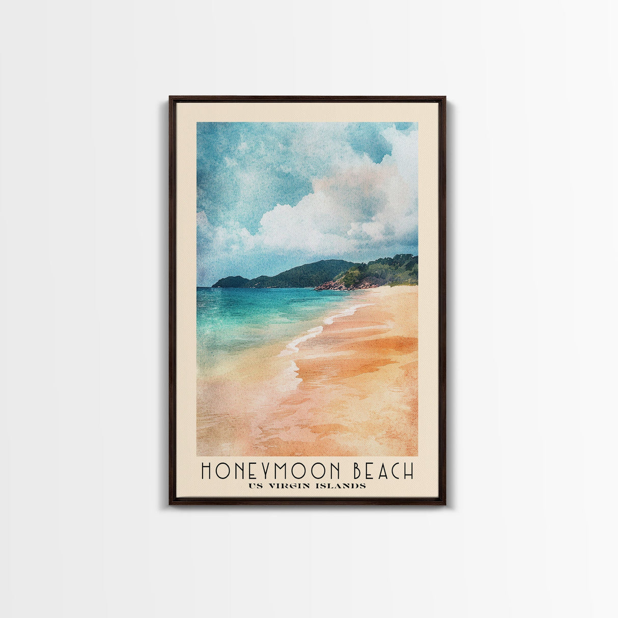 Honeymoon Beach, US Virgin islands Watercolor Beach Print, Vacation Gift, US Virgin islands Wall Art, Framed Canvas Print, Framed Beach Painting