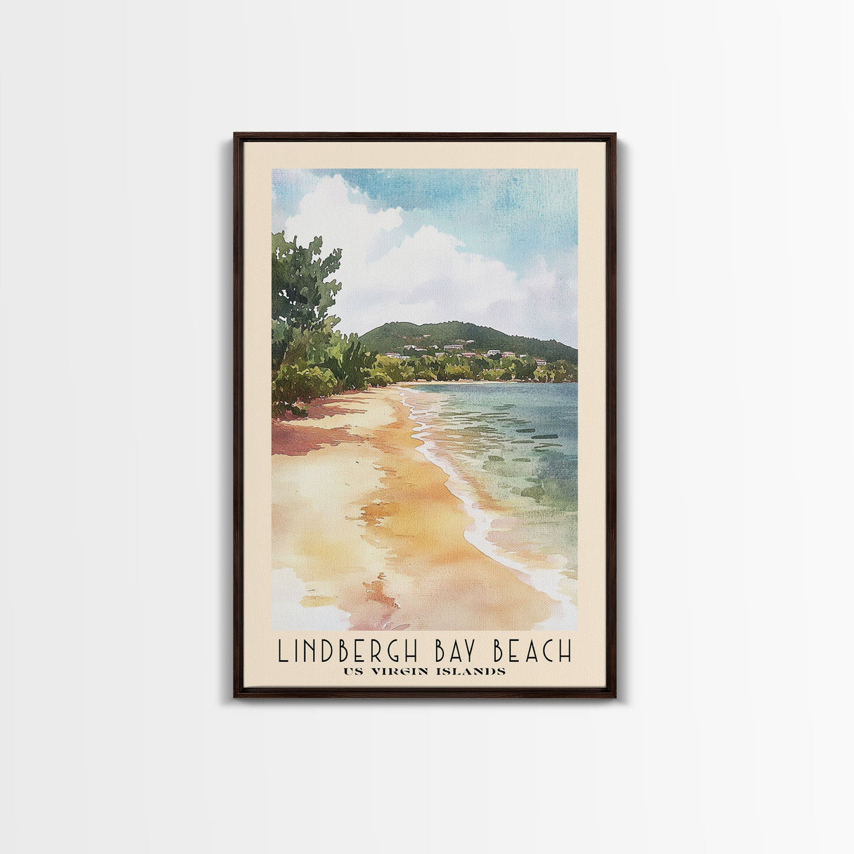 Lindbergh Bay Beach, US Virgin islands Watercolor Beach Print, Vacation Gift, US Virgin islands Wall Art, Framed Canvas Print, Framed Beach Painting