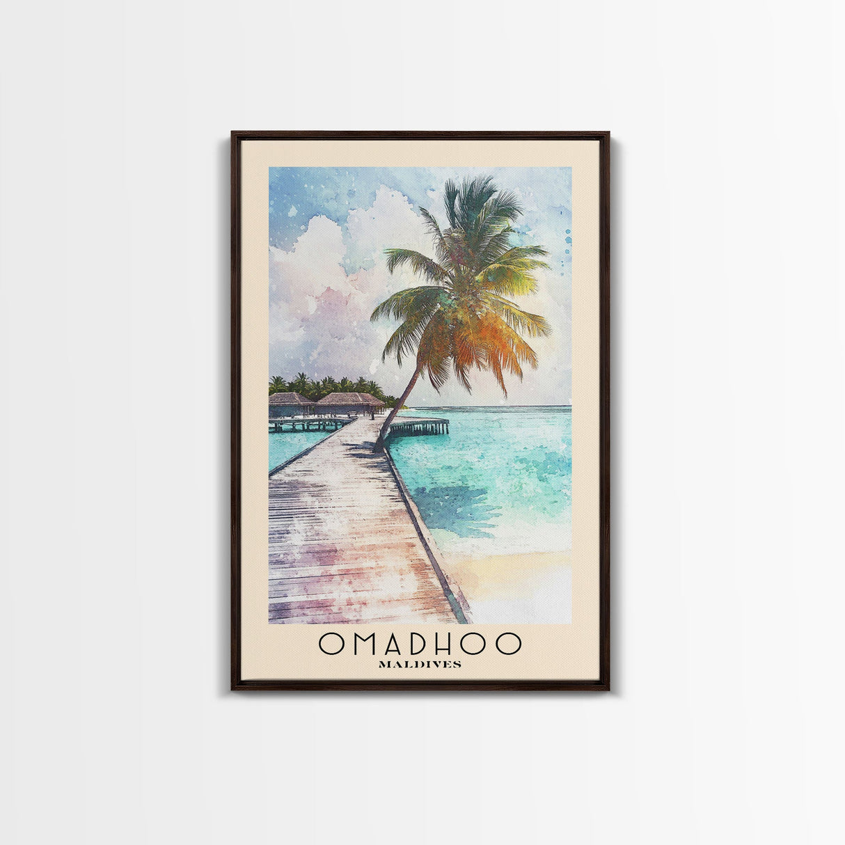 Omadhoo, Maldives Watercolor Print, Vacation Gift, Maldives Wall Art, Beach Painting, Beach Decor, Large Wall Art, Wood Frame Art