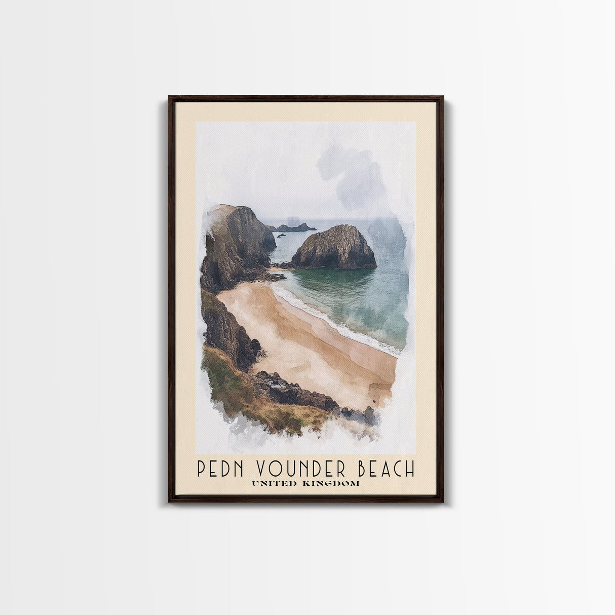 Pedn Vounder Beach, United Kingdom Watercolor Beach Print, Vacation Gift, United Kingdom Wall Art, Framed Canvas Print, Framed Beach Painting