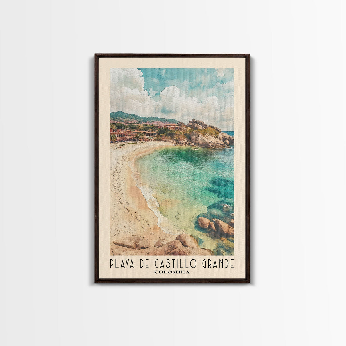 Playa de Castillo Grande, Colombia Watercolor Print, Vacation Gift, Colombia Wall Art, Beach Painting, Beach Decor, Large Wall Art, Wood Frame Art