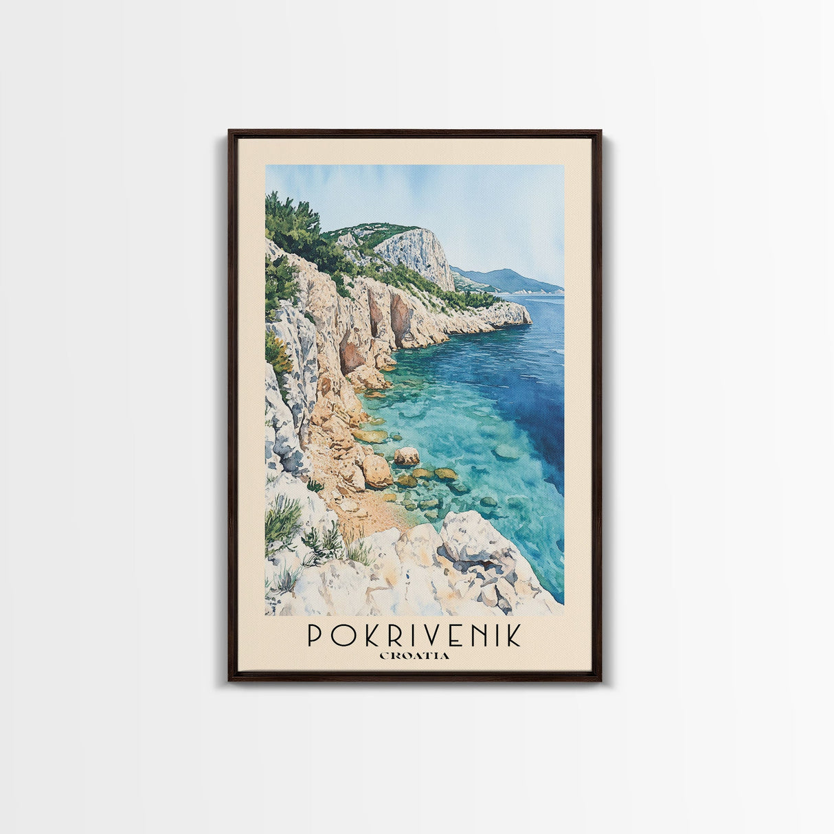 Pokrivenik, Croatia Watercolor Print, Vacation Gift, Croatia Wall Art, Beach Painting, Beach Decor, Large Wall Art, Wood Frame Art