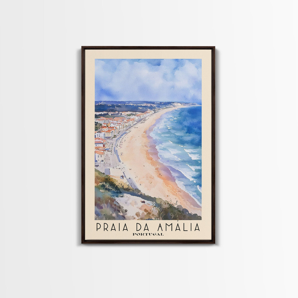 Praia da Amália, Portugal Watercolor Beach Print, Vacation Gift, Portugal Wall Art, Framed Canvas Print, Framed Beach Painting