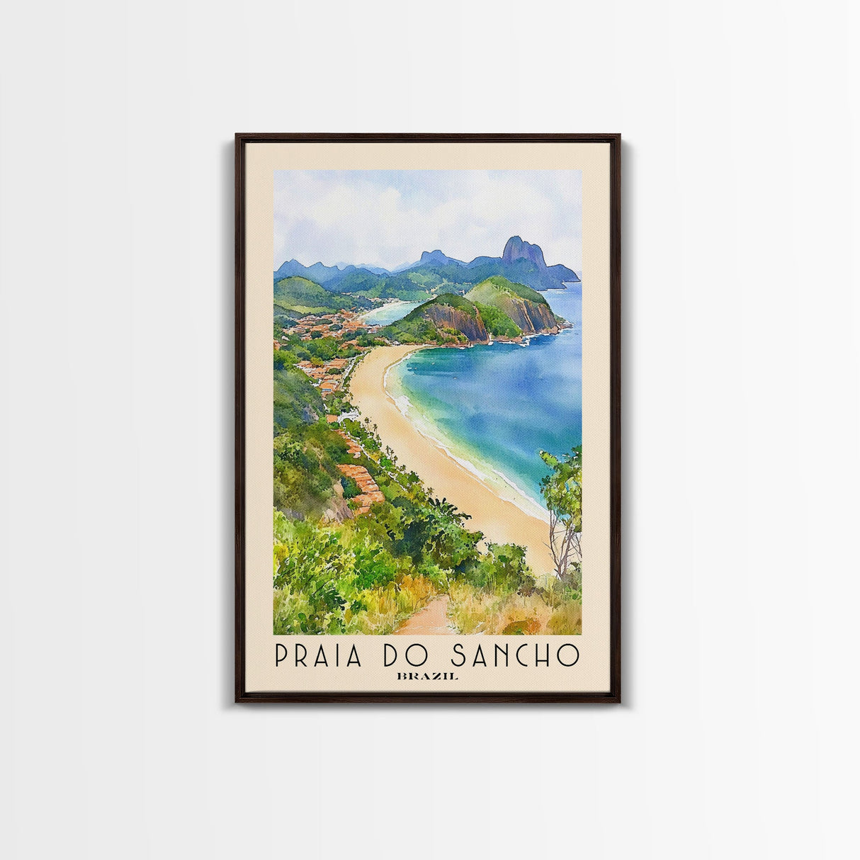 Praia do Sancho, Brazil Watercolor Beach Print, Vacation Gift, Brazil Wall Art, Framed Canvas Print, Framed Beach Painting