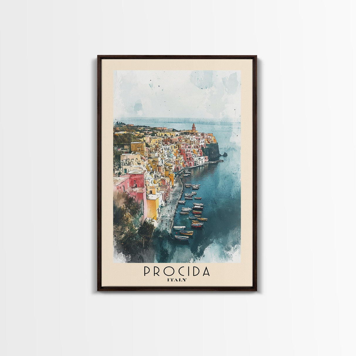 Procida, Italy Watercolor Beach Print, Vacation Gift, Italy Wall Art, Framed Canvas Print, Framed Beach Painting