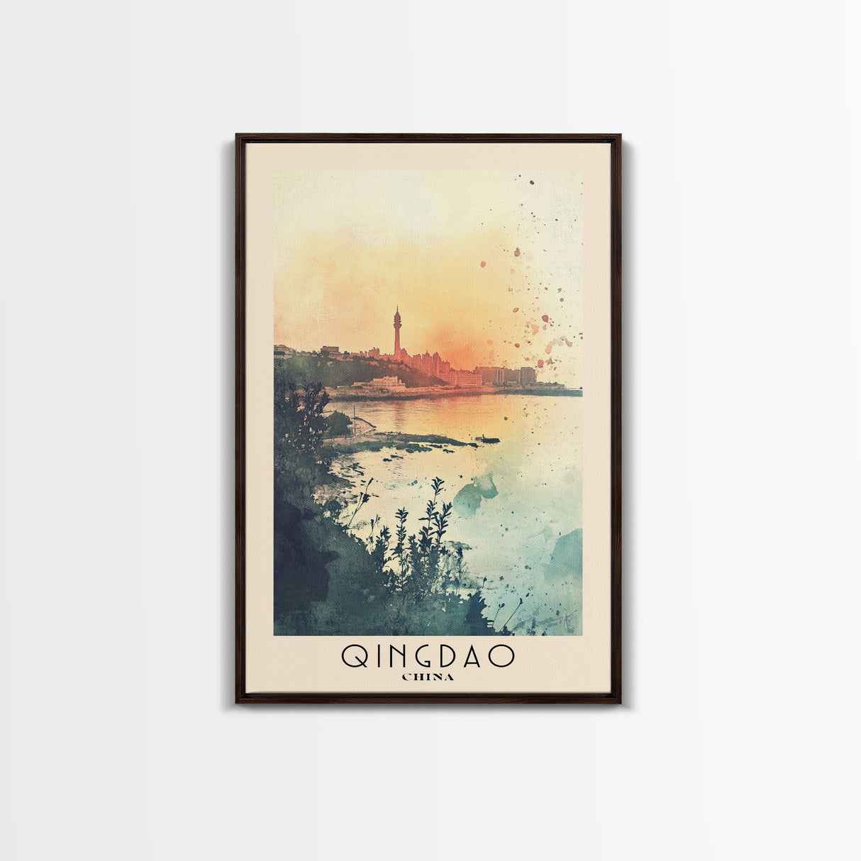 Qingdao, China Watercolor Beach Print, Vacation Gift, China Wall Art, Framed Canvas Print, Framed Beach Painting