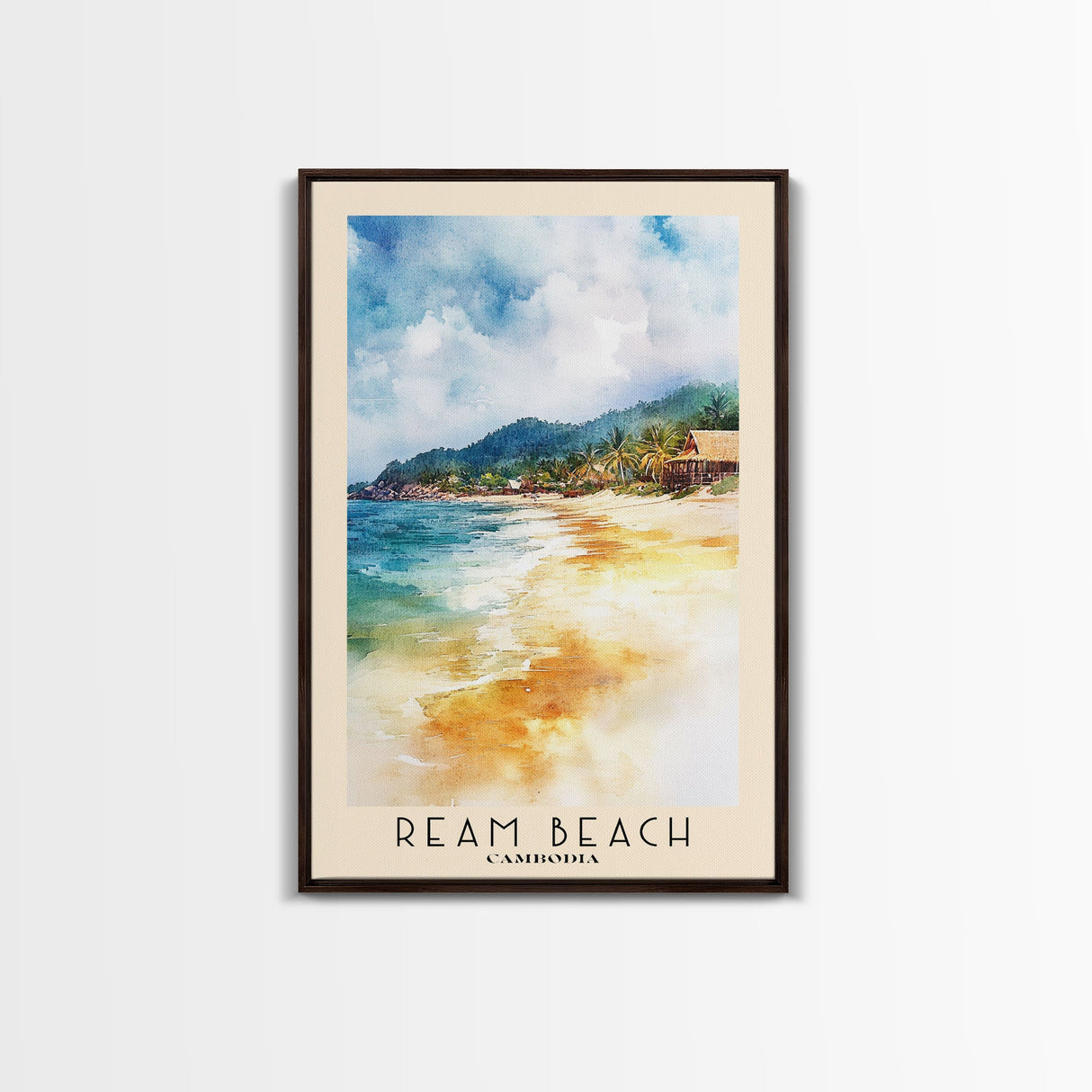 Ream Beach, Cambodia Watercolor Print, Vacation Gift, Cambodia Wall Art, Beach Painting, Beach Decor, Large Wall Art, Wood Frame Art