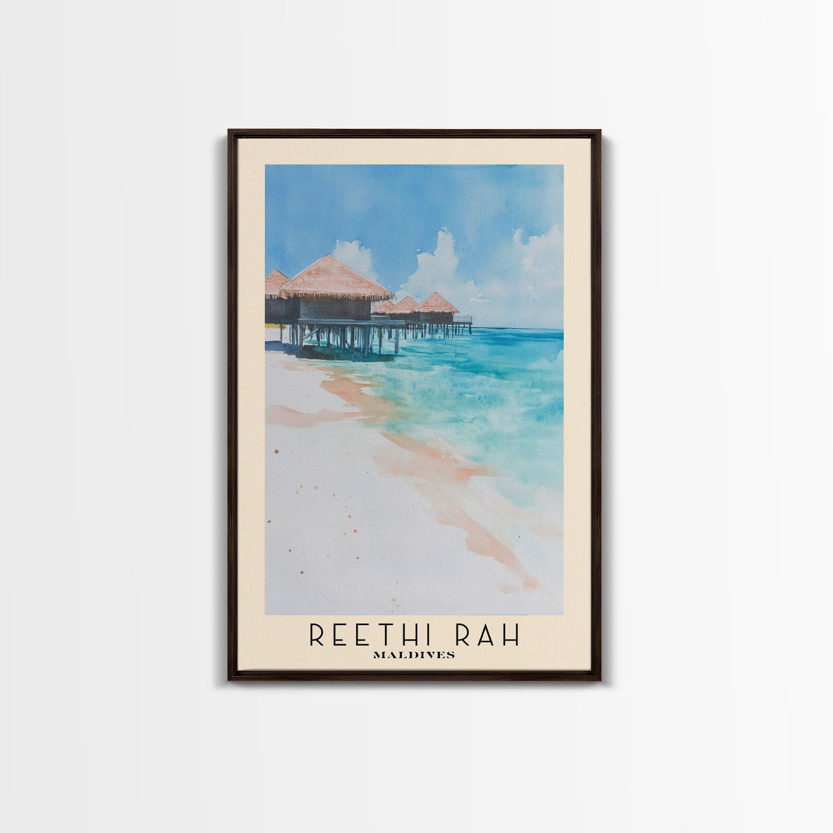 Reethi Rah, Maldives Watercolor Beach Print, Vacation Gift, Maldives Wall Art, Framed Canvas Print, Framed Beach Painting