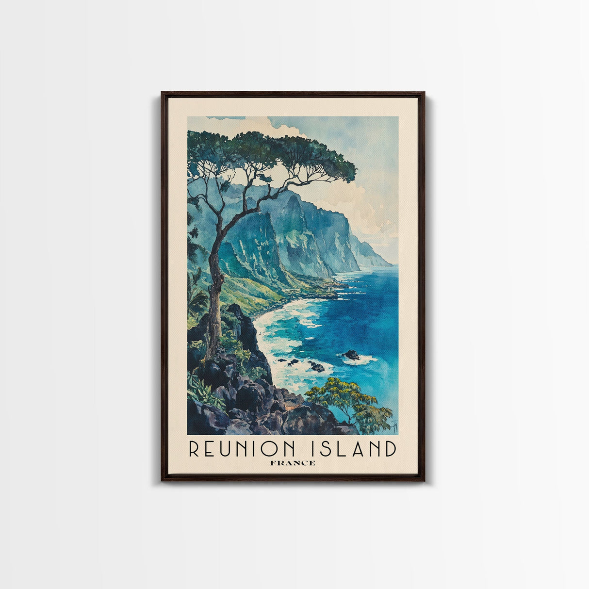 Reunion Island, France Watercolor Beach Print, Vacation Gift, France Wall Art, Framed Canvas Print, Framed Beach Painting