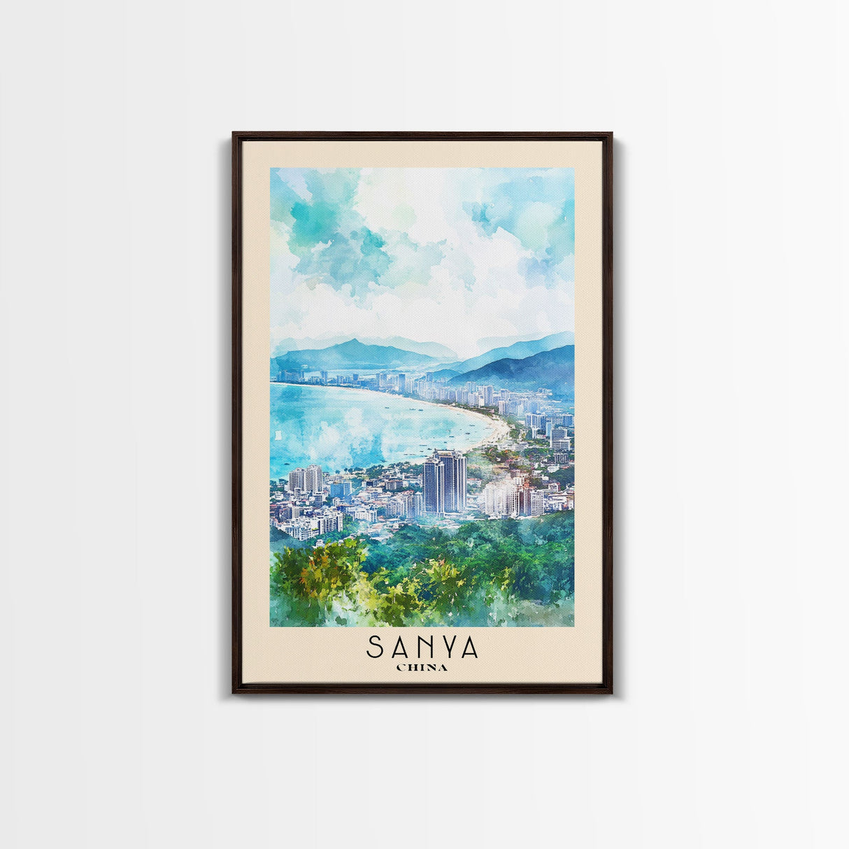 Sanya, China Watercolor Print, Vacation Gift, China Wall Art, Beach Painting, Beach Decor, Large Wall Art, Wood Frame Art