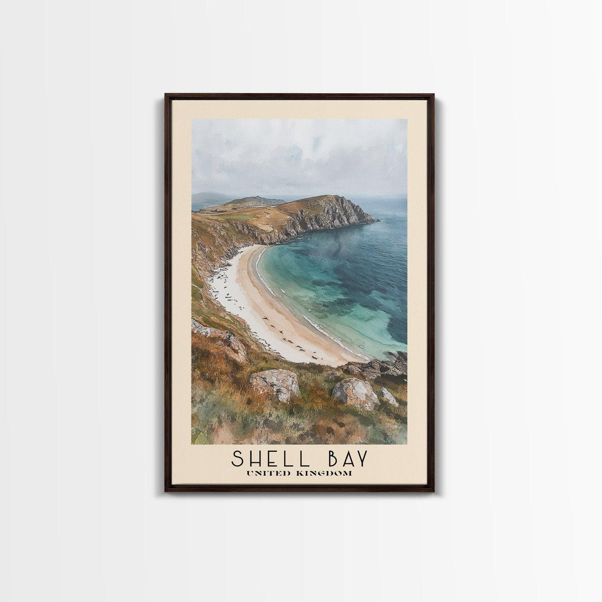 Shell Bay, United Kingdom Watercolor Beach Print, Vacation Gift, United Kingdom Wall Art, Framed Canvas Print, Framed Beach Painting