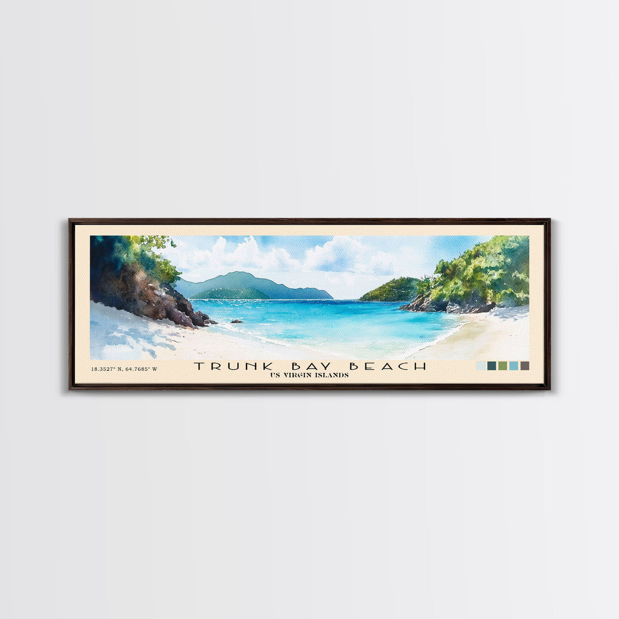 Trunk Bay Beach, US Virgin islands Watercolor Beach Print, Vacation Gift, US Virgin islands Wall Art, Framed Canvas Print, Framed Beach Painting