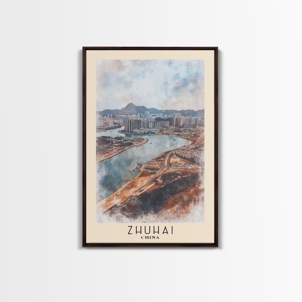 Zhuhai, China Watercolor Print, Vacation Gift, China Wall Art, Beach Painting, Beach Decor, Large Wall Art, Wood Frame Art