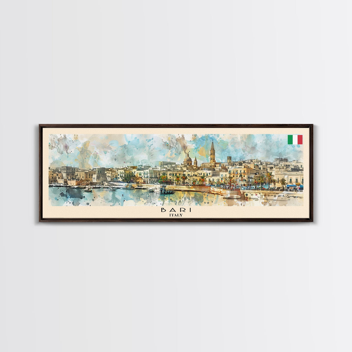 Bari Italy Panoramic Travel Poster, Framed Canvas Print or Metal Wall Art, Travel Art, Home Decor, Panoramic Painting, Midcentury Art