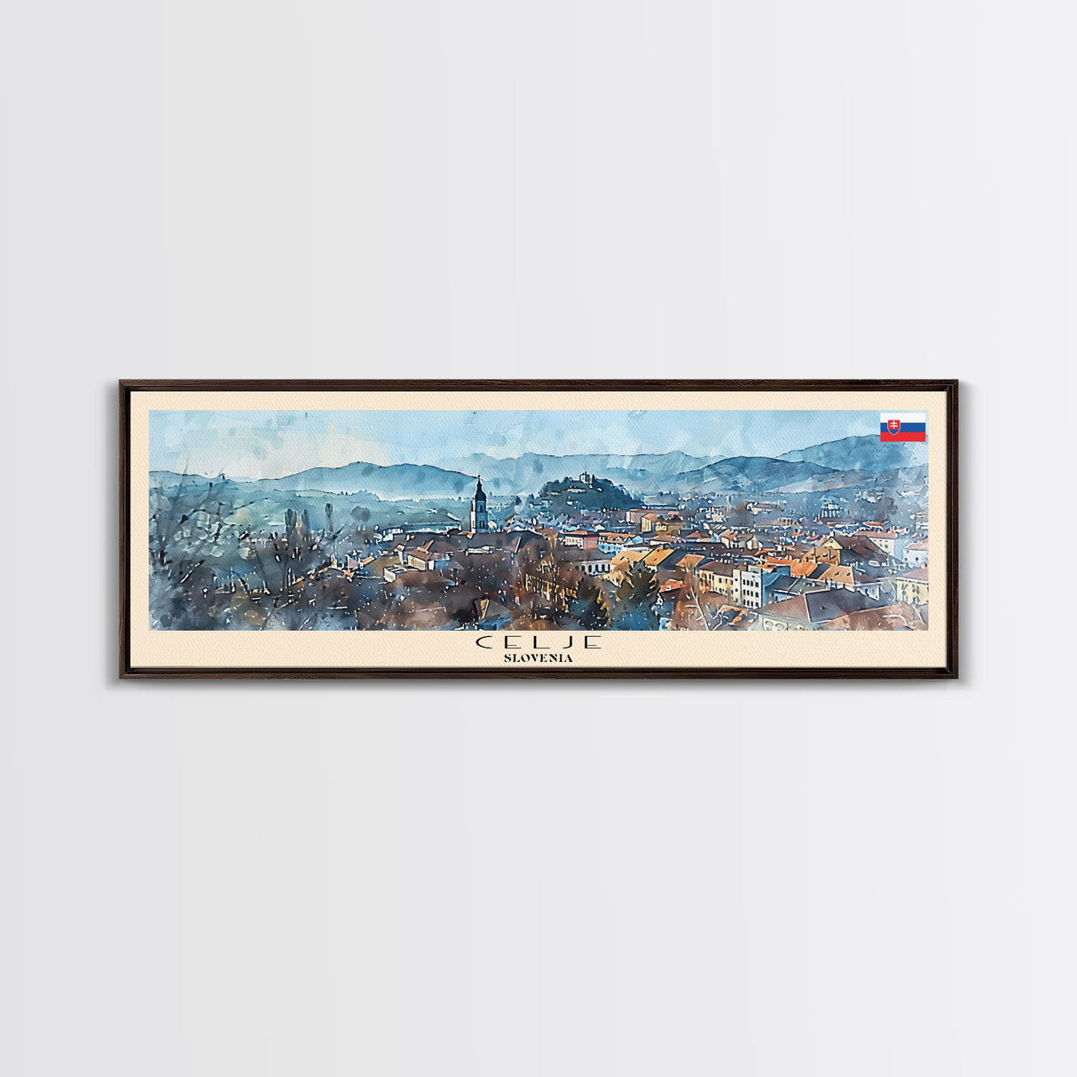 Celje Slovenia Panoramic Travel Poster, Framed Canvas Print or Metal Wall Art, Travel Art, Home Decor, Panoramic Painting, Midcentury Art