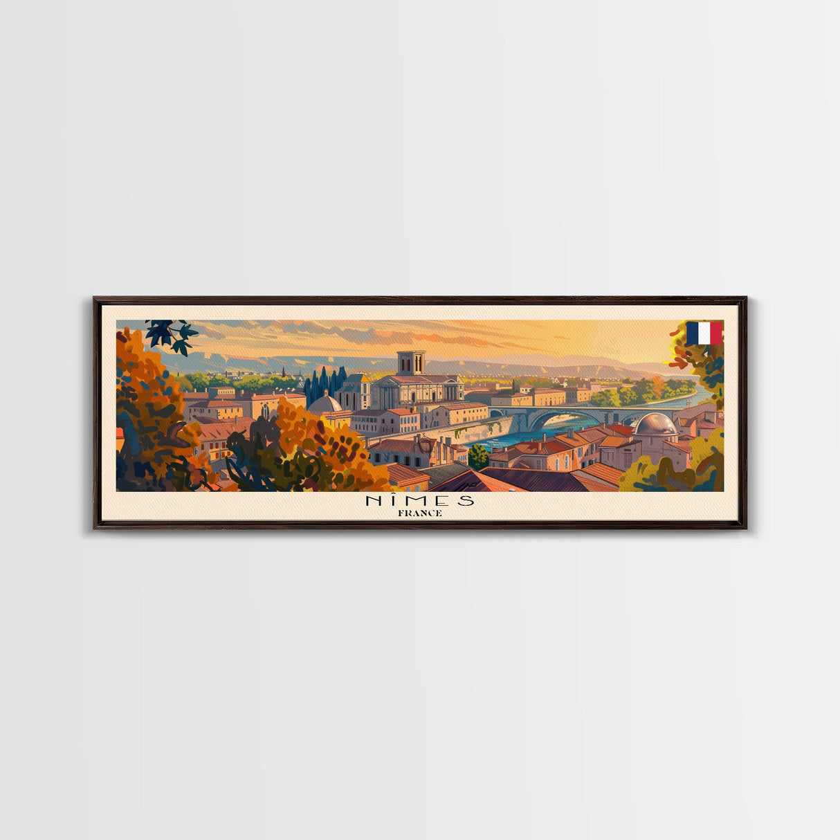 Nimes France Travel Art, City Art, Framed Canvas Print or Metal Wall Art, Europe Travel Poster, Panoramic Wall Art, Extra Wide Wall Art