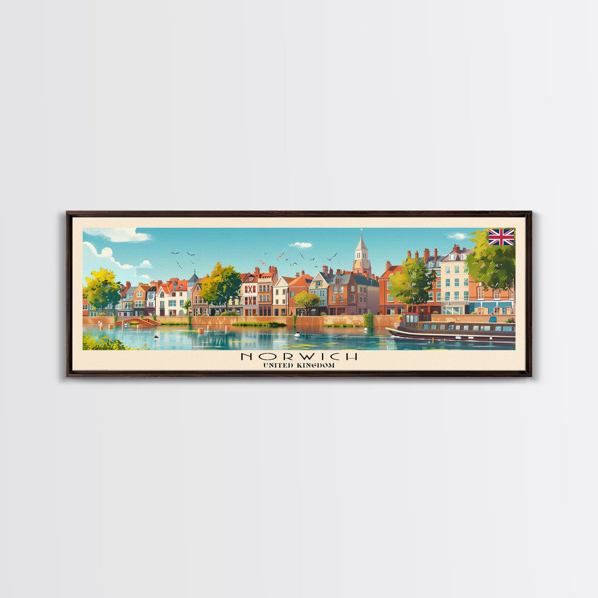 Norwich United Kingdom Panoramic Travel Poster, Framed Canvas Print or Metal Wall Art, Travel Art, Home Decor, Panoramic Painting, Midcentury Art