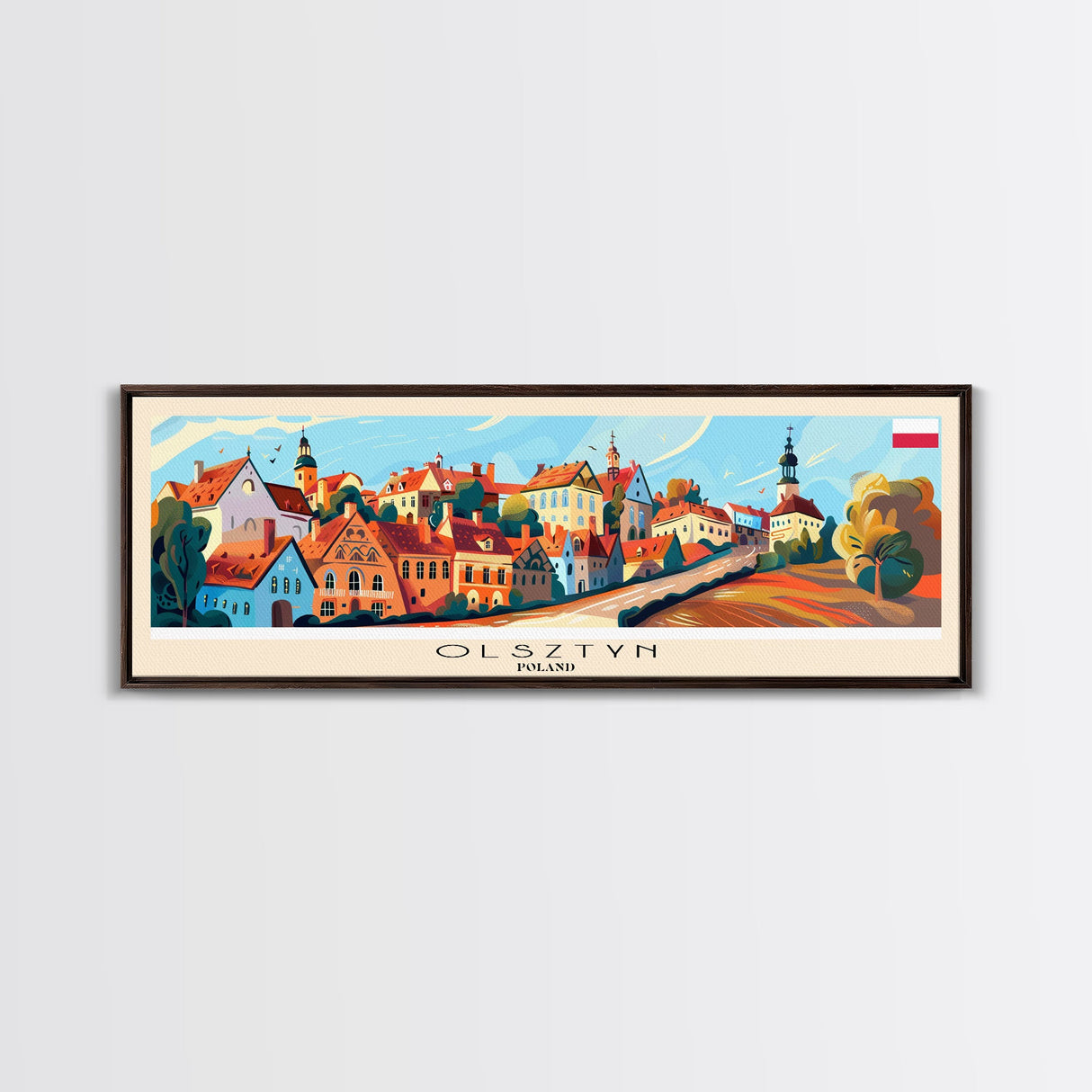 Olsztyn Poland Panoramic Travel Poster, Framed Canvas Print or Metal Wall Art, Travel Art, Home Decor, Panoramic Painting, Midcentury Art