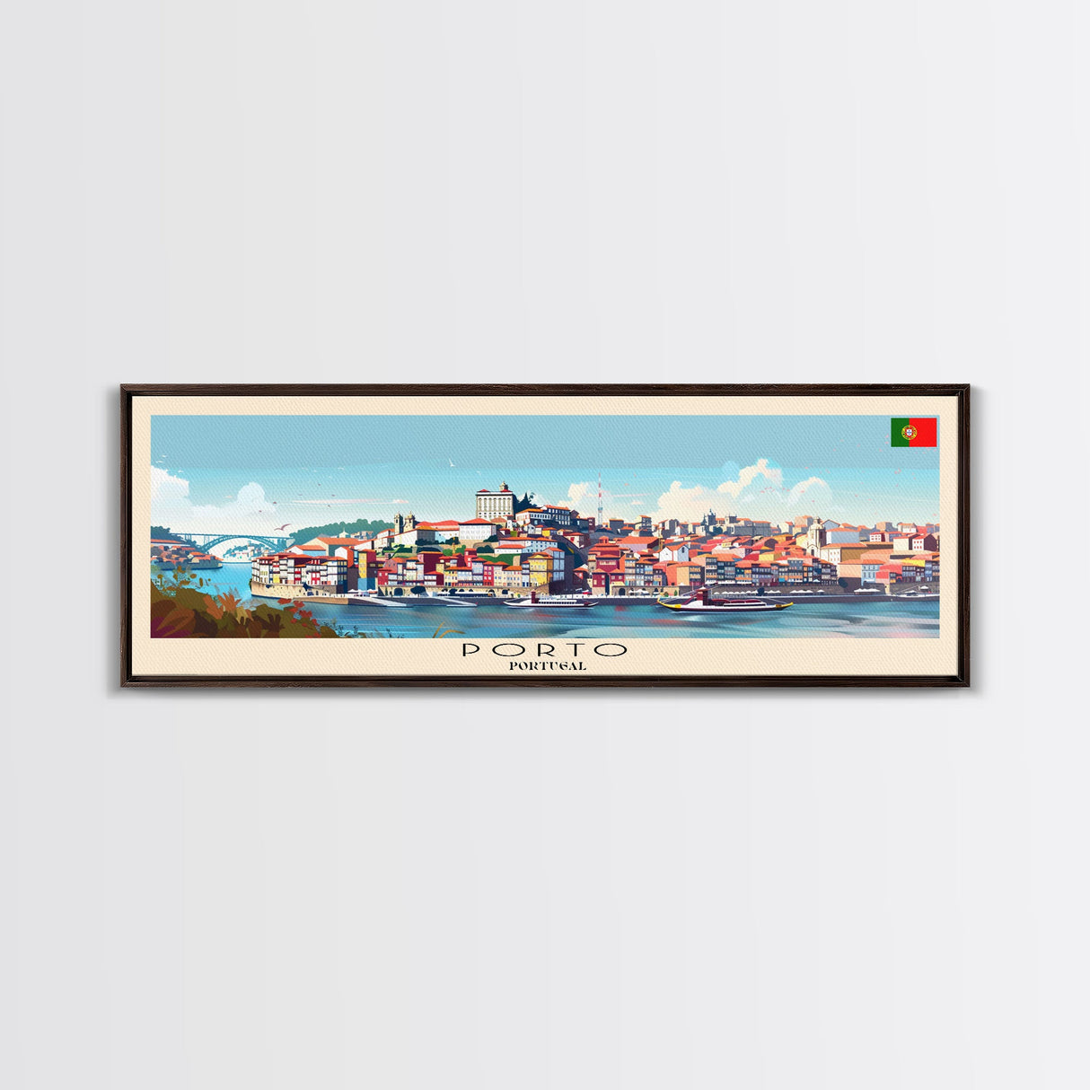 Porto Portugal Panoramic Travel Poster, Framed Canvas Print or Metal Wall Art, Travel Art, Home Decor, Panoramic Painting, Midcentury Art