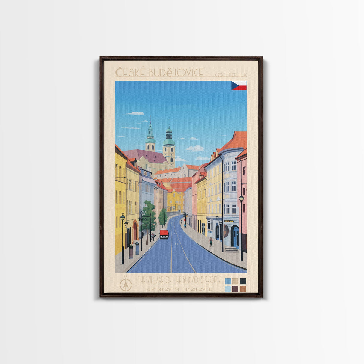 České Budějovice Czech Republic Travel Poster Framed Canvas Print, Midcentury Modern Art, Pop Art Decor, Living Room Wall Art