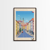 České Budějovice Czech Republic Travel Poster Framed Canvas Print, Midcentury Modern Art, Pop Art Decor, Living Room Wall Art