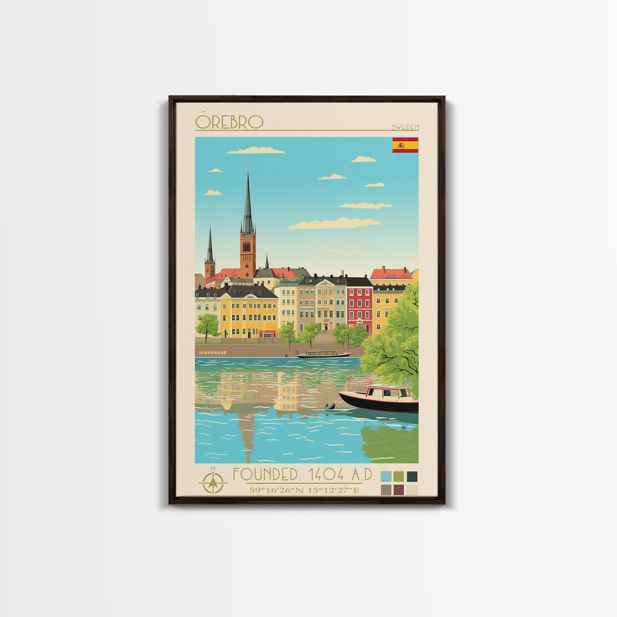 Örebro Sweden Travel Poster Framed Canvas Print, Midcentury Modern Art, Pop Art Wall Decor, Living Room Art, Home Decoration