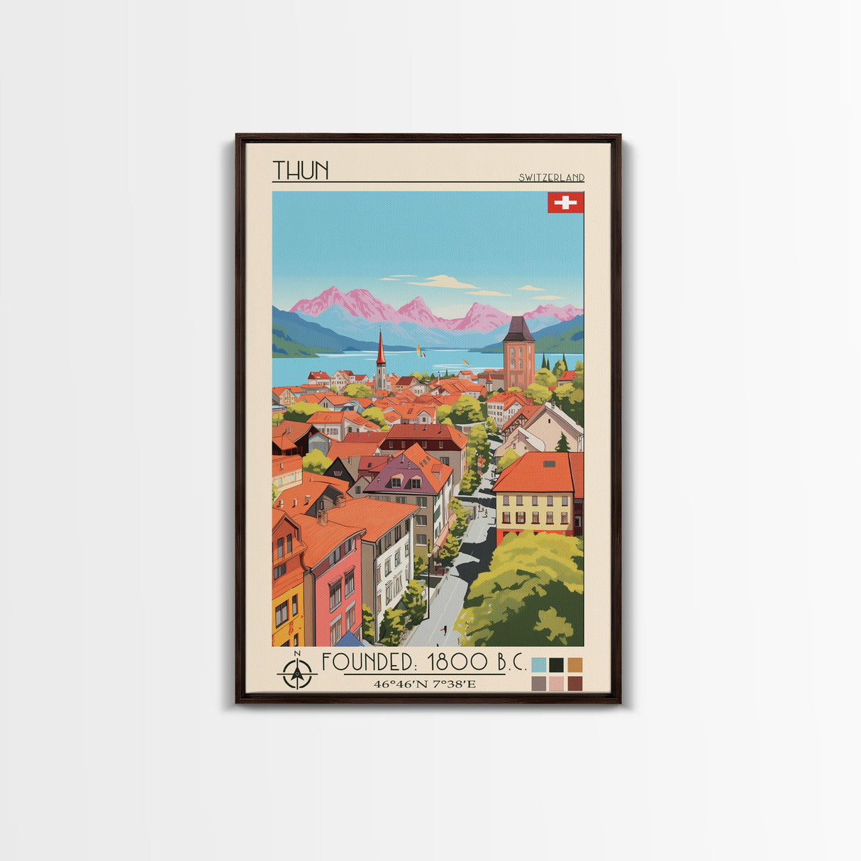 Thun Switzerland Travel Poster Framed Canvas Print, Midcentury Modern Art, Pop Art Wall Decor, Living Room Art, Scenic Wall Art