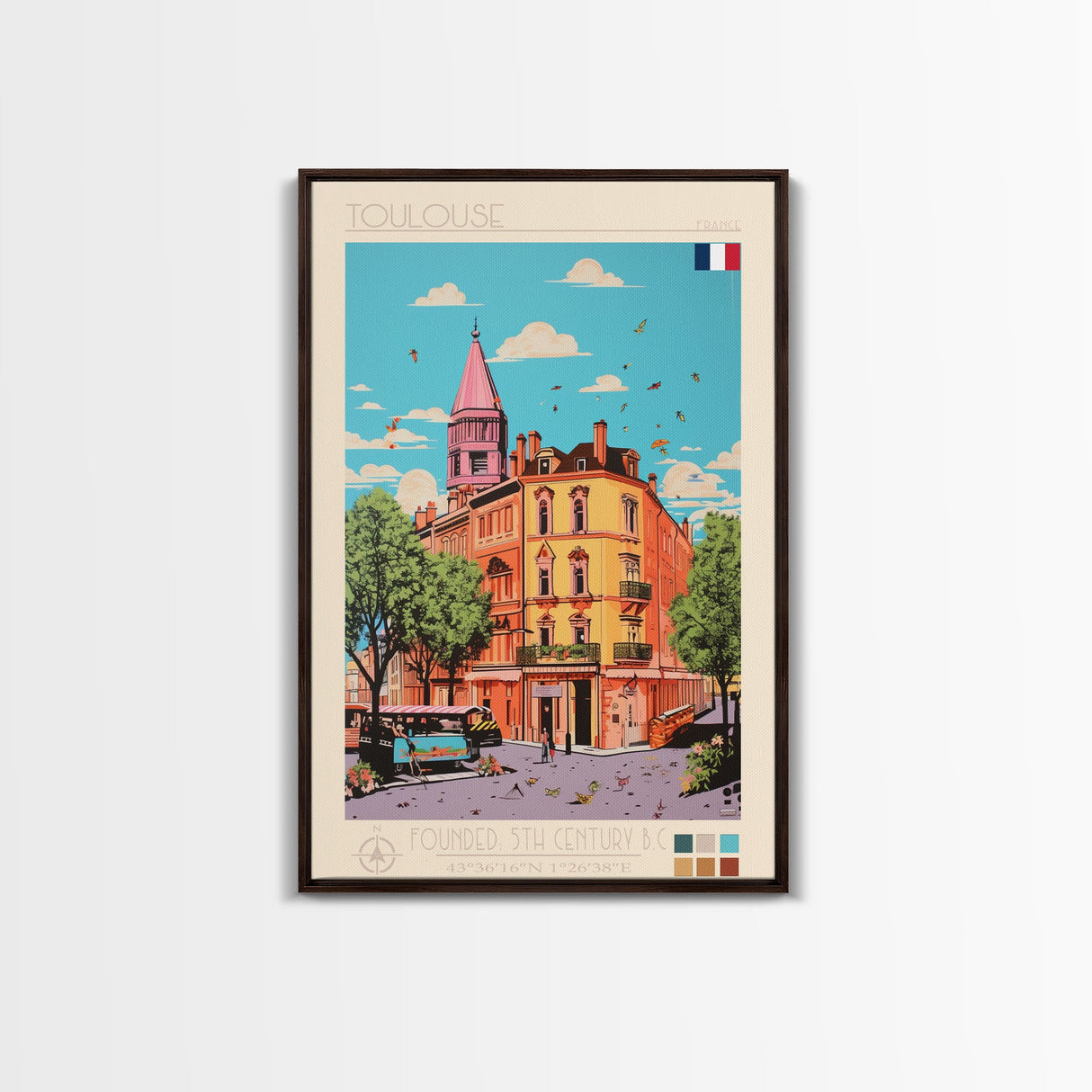 Toulouse France Travel Poster Framed Canvas Print, Midcentury Modern Art, Pop Art Wall Decor, Living Room Art, Scenic Wall Art