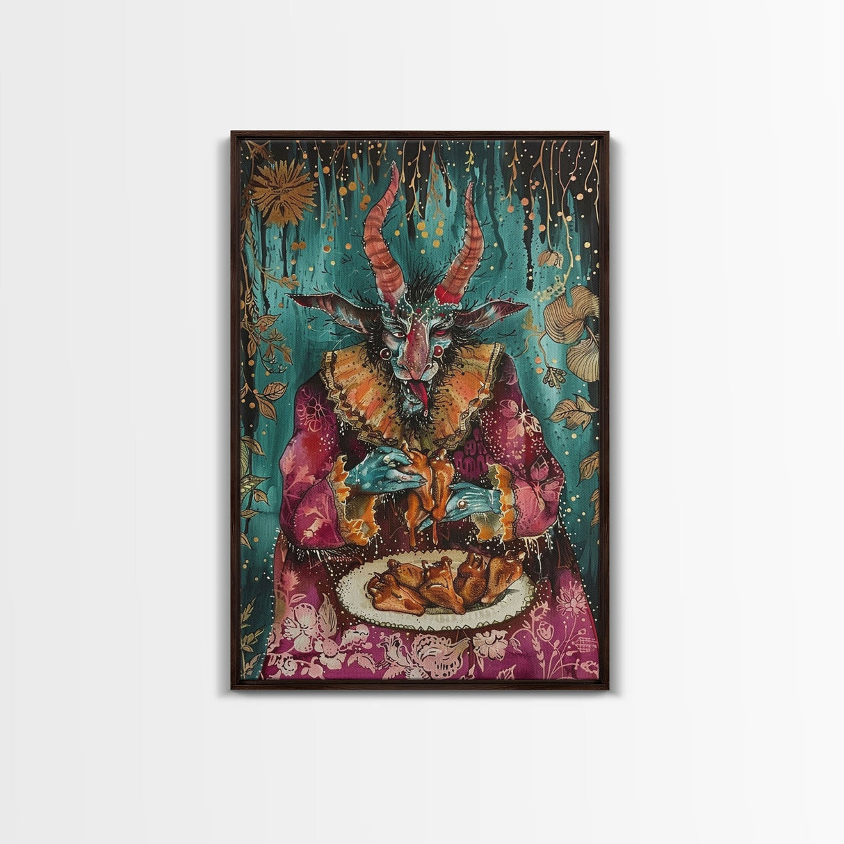 A demon eating some hot wings - hope he didn't sell his soul for them they look pretty good! Halloween Wall Art Framed Canvas