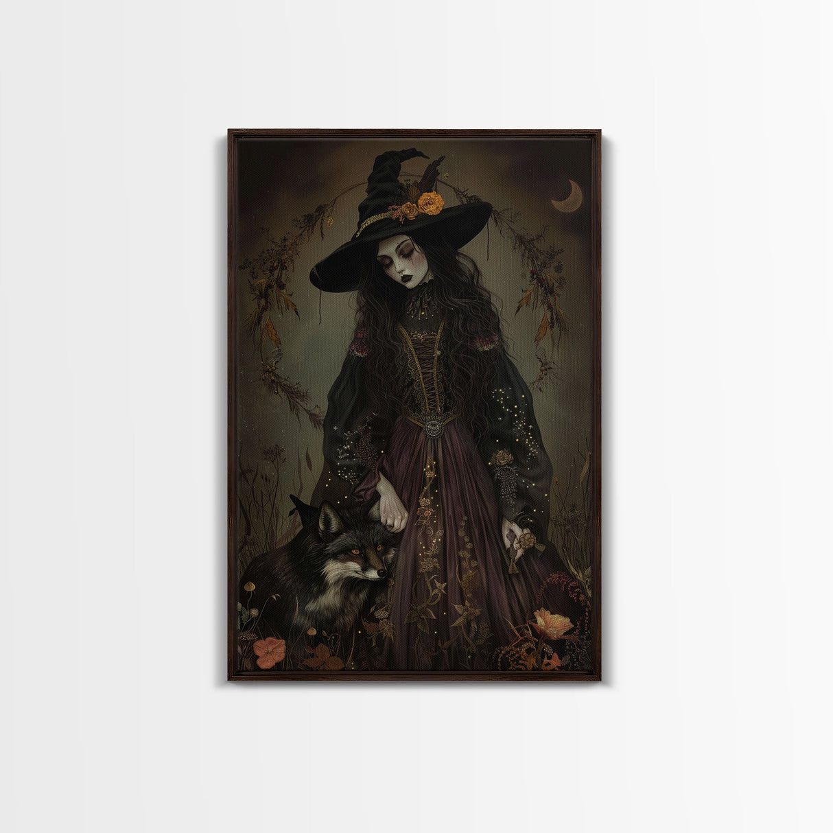 Witch and Fox Framed Canvas Print, Melancholic Witch Painting, Halloween Decor, Witchy Art, Spooky Vibes, Moody Decor