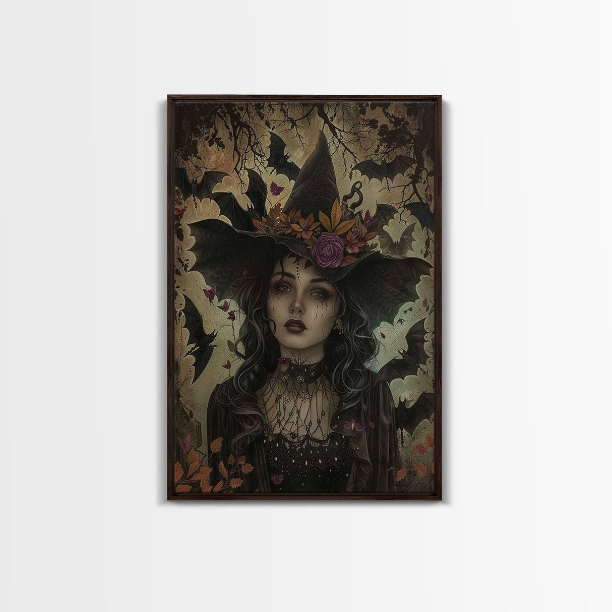 Witch Surrounded by Bats - Spooky Halloween Wall Art - Creepy Home Decor - Witch and Bats Painting - Perfect Halloween Decoration