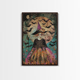 Whimsical Witch with Bats Under Full Moon, Framed Canvas Print, Spooky Halloween Art, Witch Decor, Magical Night, Enchanted Home Decor