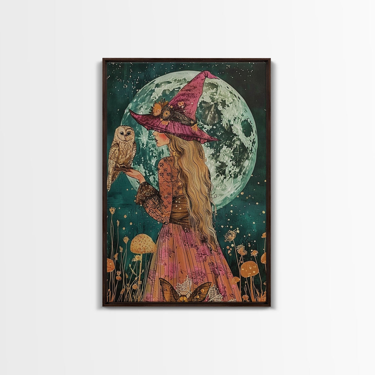 Witch in Purple Hat with Owl - Moonlit Enchantment Mystical Beauty Framed Canvas Print, Halloween Witch Decor