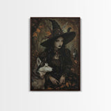 Witch with Wolves in Enchanted Forest - Dark Sorcery Mystical Art Framed Canvas Print, Halloween Gothic Decor