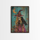 Witch with Owl in Magical Forest - Halloween Art, Gothic Art, Spooky Decor, Dark Magic Art, Enchanted Woods, Framed Canvas Print