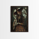 Witch Holding Owl Canvas Print - Halloween Art, Spooky Home Decor, Wall Art, Witch Painting, Halloween Decor, Framed Canvas Print