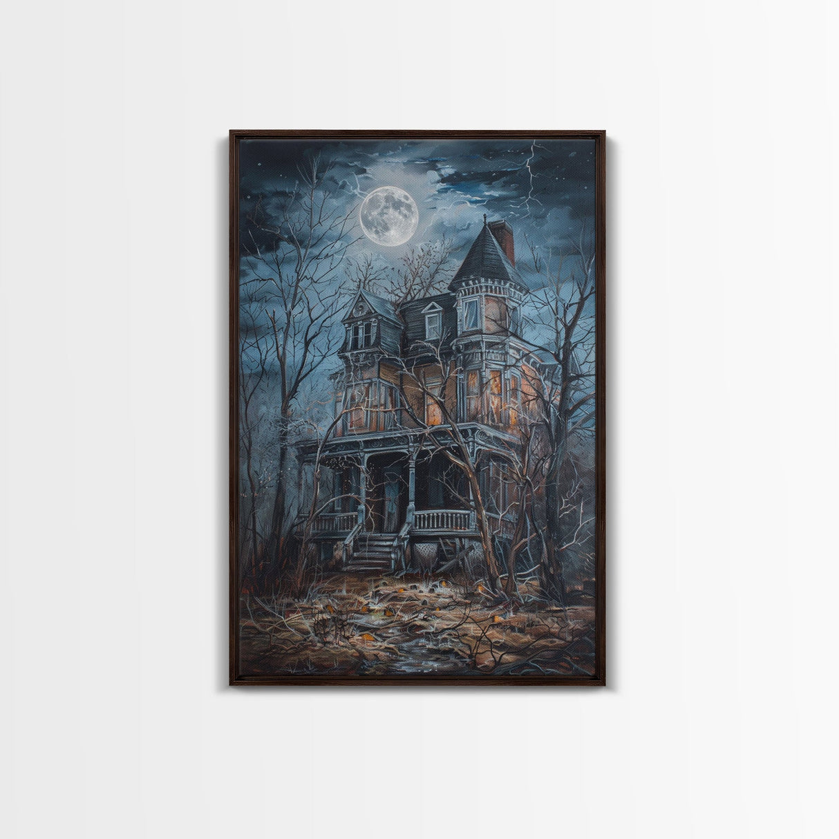 Abandoned House Under Moon Full Halloween Art, Spooky Mansion, Haunted Home, Creepy Decor, Gothic Artwork, Framed Canvas Print