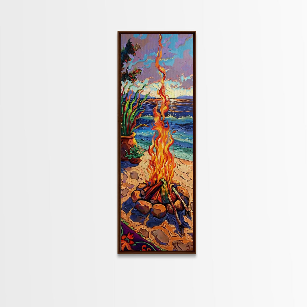 Abstract Canvas Painting of Campfire on Beach, Beachy Wall Art, Tall and Narrow Vertical Wall Art, Canvas Painting Printed and Framed