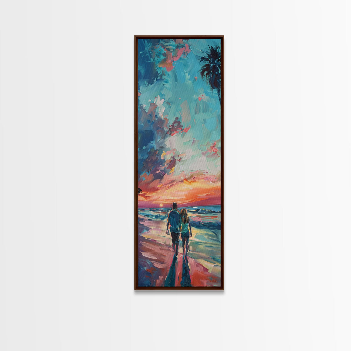 Framed Canvas Oil Painting of Sunset on Beach, Coastal Wall Art Print, Colorful Beach Art, Impasto Painting, Long and Narrow Landscape Art