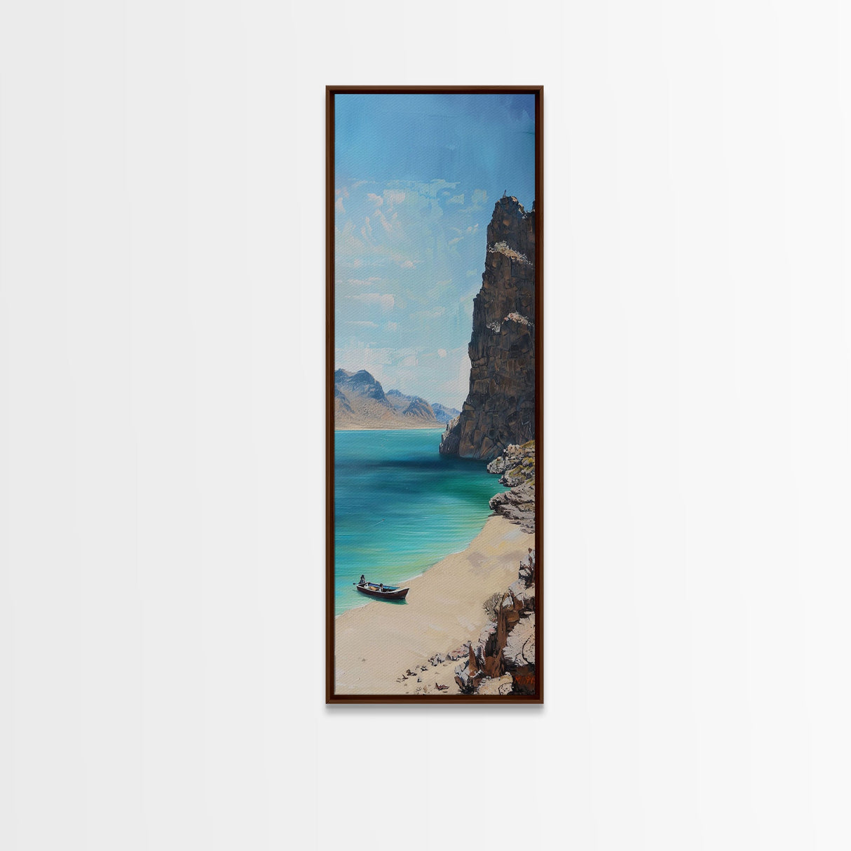 Framed Coastal Landscape Art Printed on Canvas, Contemporary Modern Beach Art, Vertical Tall and Narrow Oversized Art Print for Living Room