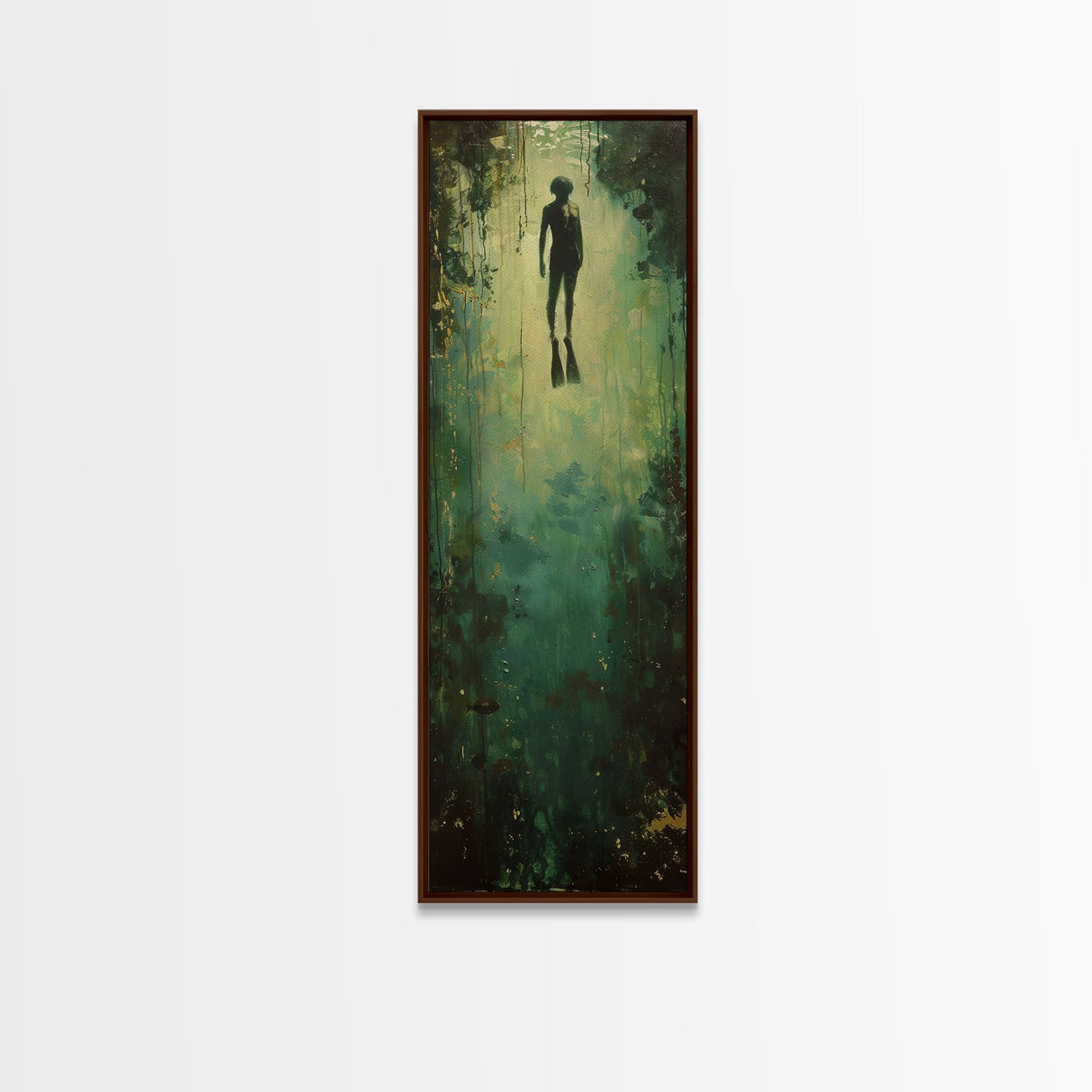 Abstract Canvas Painting of Underwater Diver, Modern Framed Wall Art, Dark Wall Art for Living Room, Tall and Narrow Wall Art Print