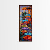 Long Narrow Coastal Wall Print of Colorful Umbrellas on Beach, Framed Canvas Beach Wall Art, Maximalist Wall Art, Wall Art for Living Room