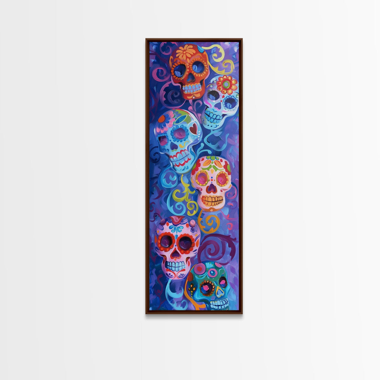 Vertical Calavera Sugar Skull Day of The Dead Canvas Painting Framed, Mexican Framed Art, Colorful Living Room Wall Art, Modern Abstract Art