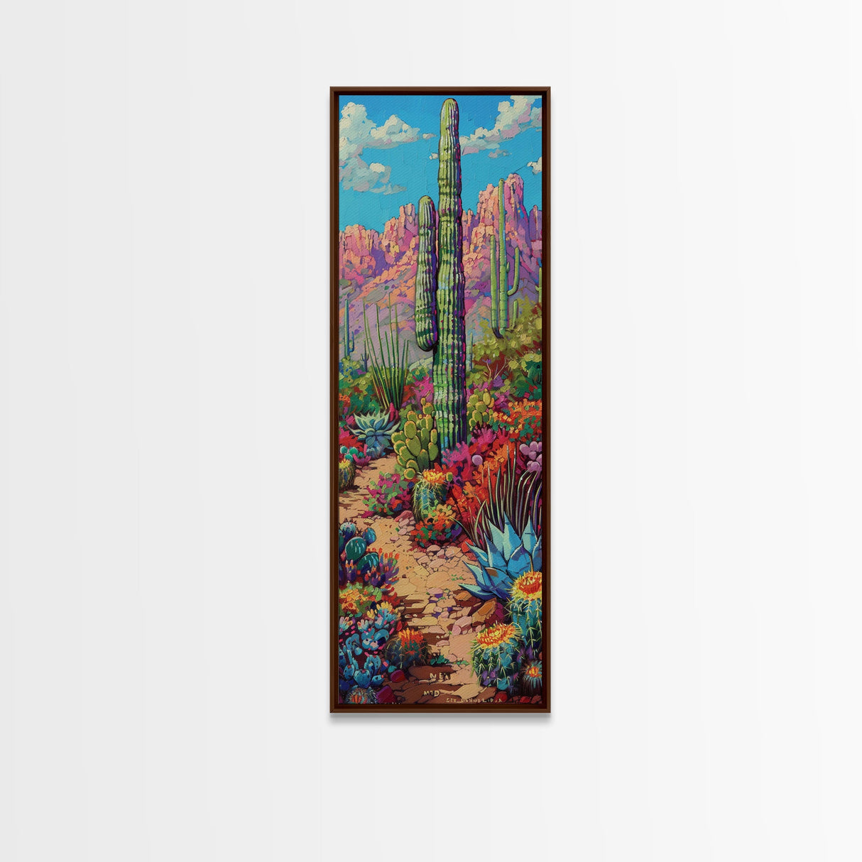 Tall and Narrow Colorful Desert Art Framed Canvas Print, Western Cactus Painting, Desert Landscape Art, Framed Living Room Art