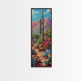 Tall and Narrow Colorful Desert Art Framed Canvas Print, Western Cactus Painting, Desert Landscape Art, Framed Living Room Art