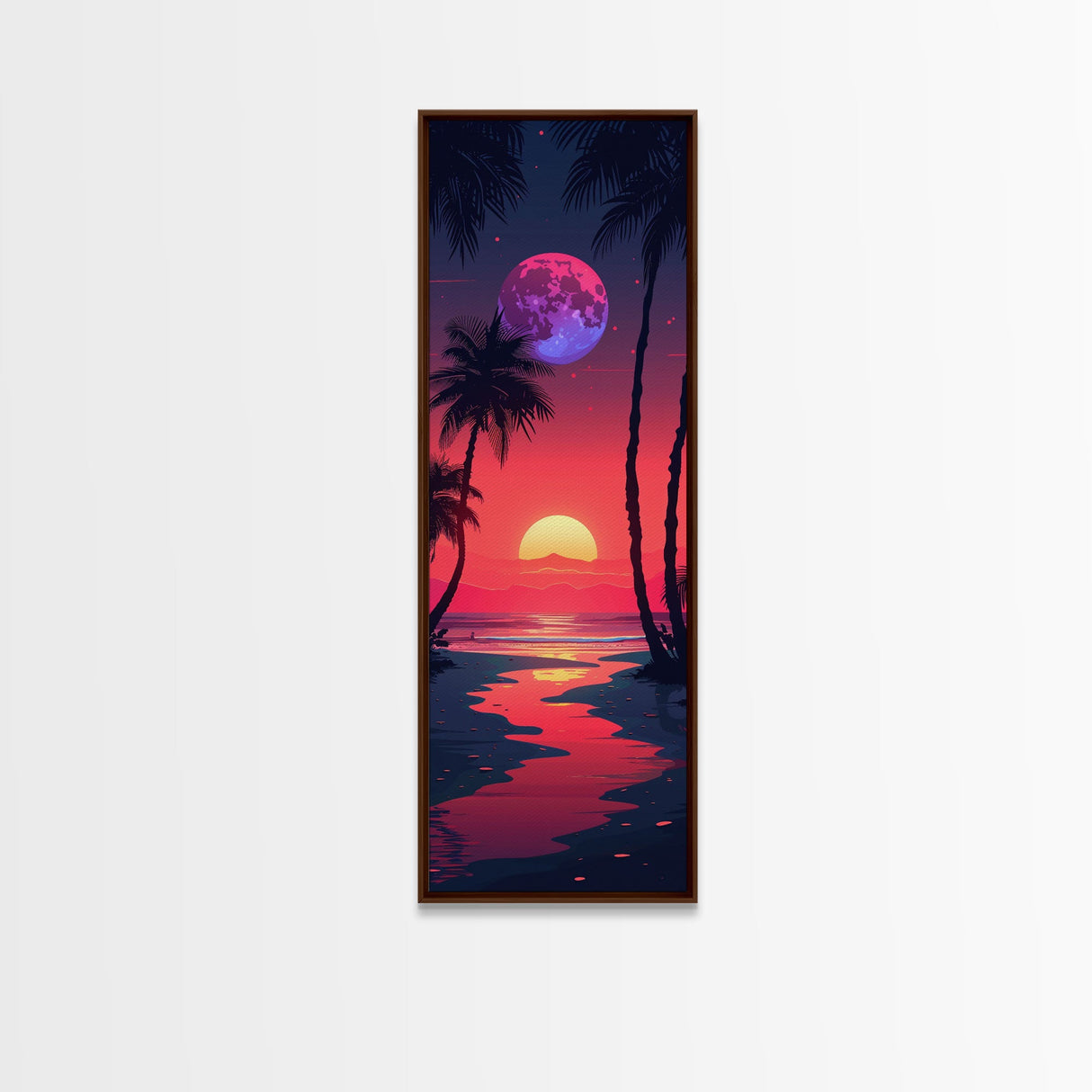 Moonlit Tropical Landscape Midcentury Modern Art - Framed Canvas Print, Boho Art, Skinny Art, Living Room Art, Bedroom Decor, Nighttime Beach