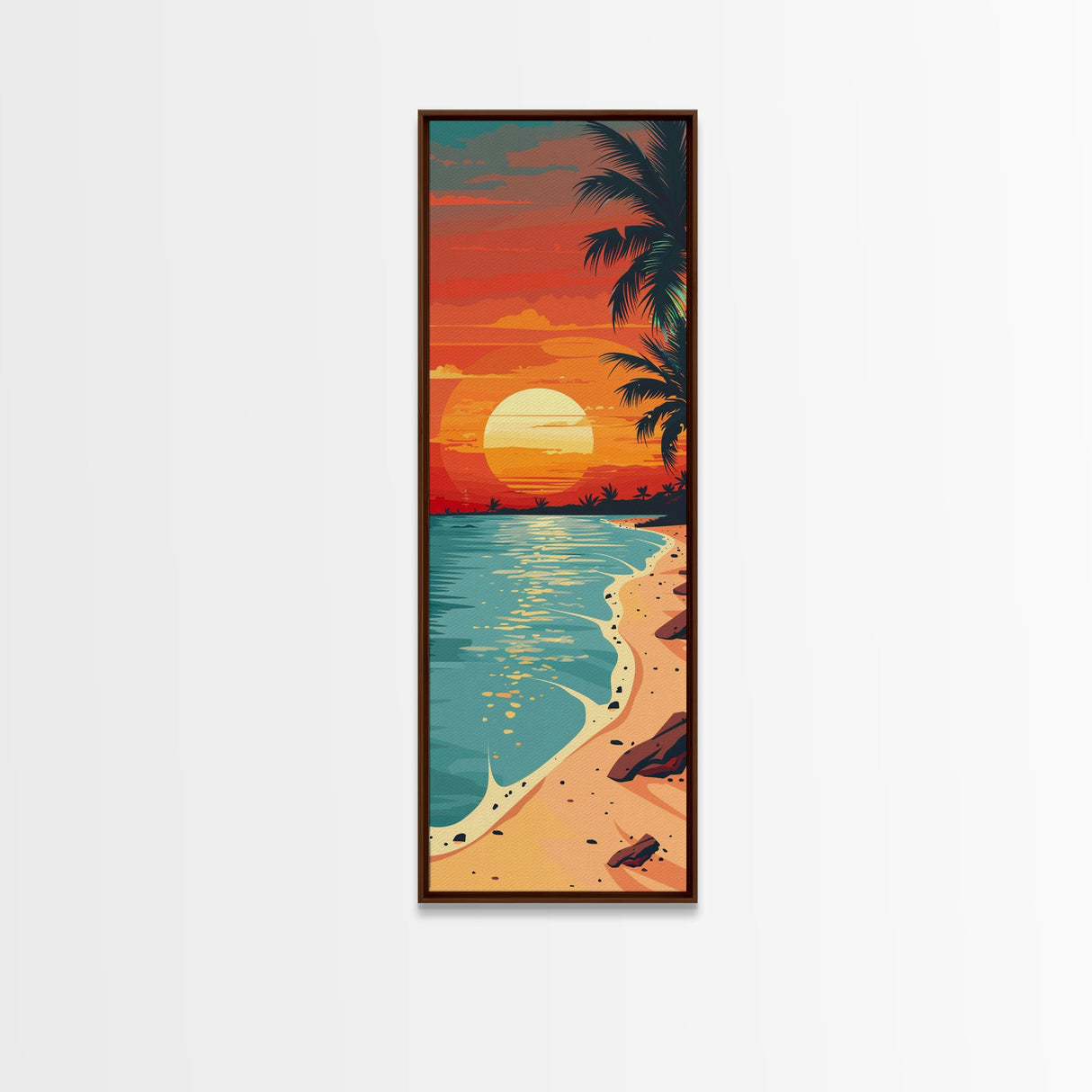 Serene Sunset Beach Scene Midcentury Modern Art - Framed Canvas Print, Boho Art, Skinny Art, Living Room Art, Bedroom Decor, Coastal Landscape