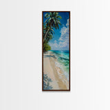 Sunny Coastal Beach Scene With Shaded Palm Trees Skinny Art Framed Canvas Print For Living Room Wall Art